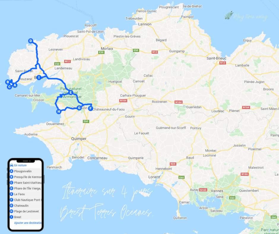 itinéraire voyage en Bretagne dans le Finistère carte